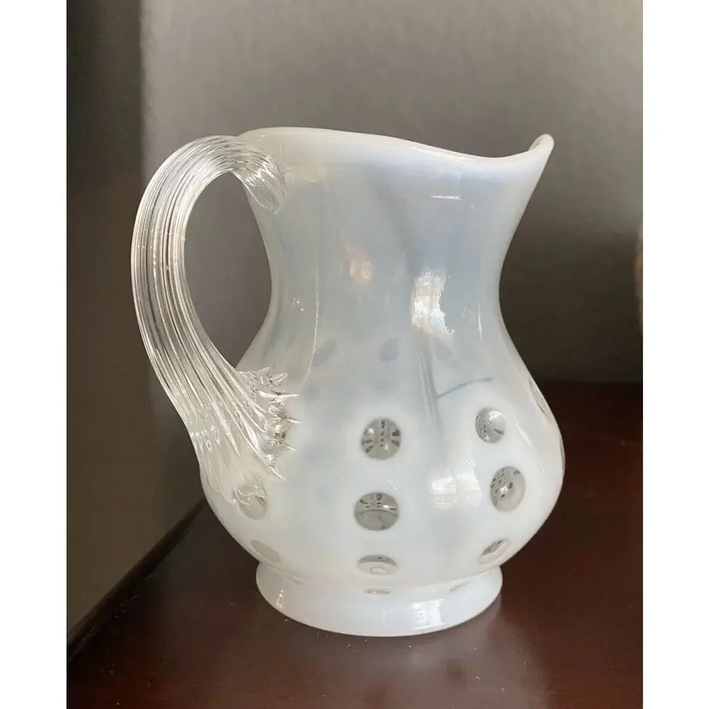 Vintage Fenton White Coin Dot Creamer Pitcher Small Opalescent 4” Glass Vase